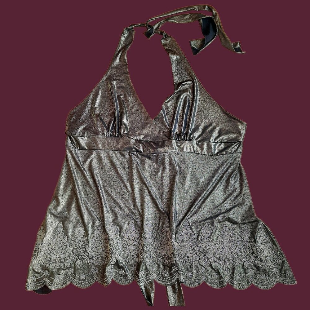 Y2K Babydoll Halter Top Bronze Glitter Metallic XL Party Cocktail Going Out Top